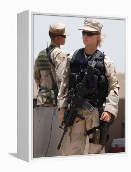 Female Soldier in Combat Gear at Sather Air Base in Iraq, Ca. 2008-null-Framed Stretched Canvas