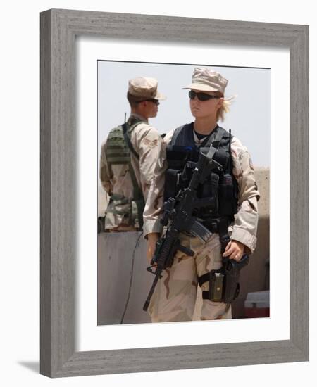 Female Soldier in Combat Gear at Sather Air Base in Iraq, Ca. 2008-null-Framed Photo