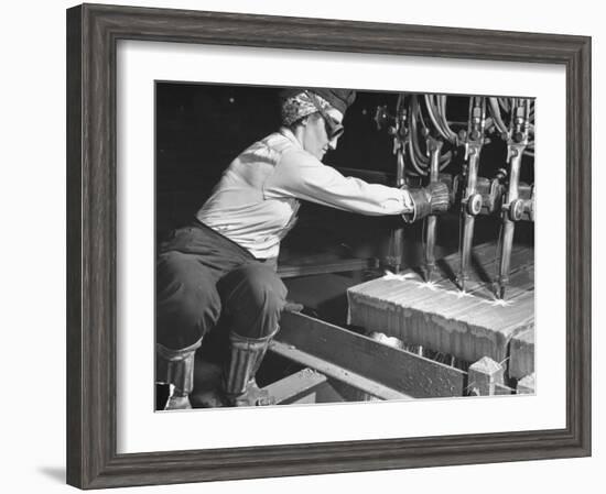 Female Steel Worker Operating Four Torch Machine to Cut Large Slab of Steel at Mill-Margaret Bourke-White-Framed Photographic Print