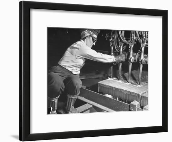 Female Steel Worker Operating Four Torch Machine to Cut Large Slab of Steel at Mill-Margaret Bourke-White-Framed Photographic Print