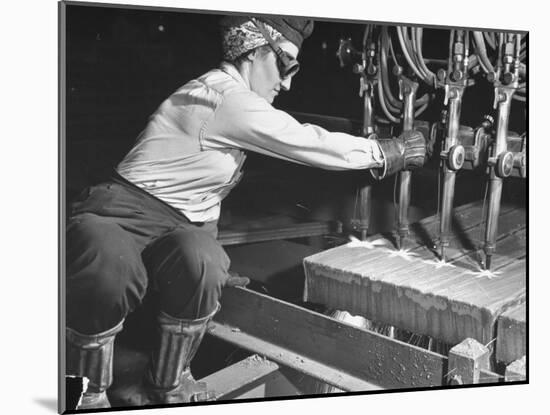 Female Steel Worker Operating Four Torch Machine to Cut Large Slab of Steel at Mill-Margaret Bourke-White-Mounted Photographic Print