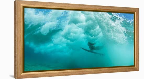 Female Surfer Pushes under a Wave While Surfing, Clansthal, South Africa-null-Framed Premier Image Canvas