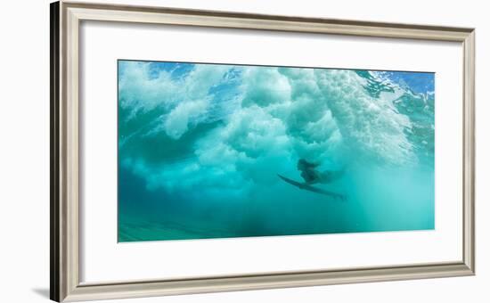 Female Surfer Pushes under a Wave While Surfing, Clansthal, South Africa-null-Framed Photographic Print