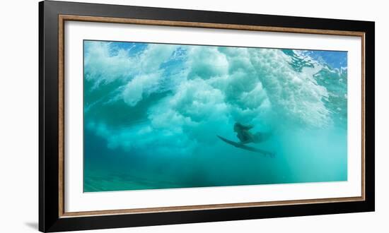 Female Surfer Pushes under a Wave While Surfing, Clansthal, South Africa-null-Framed Photographic Print