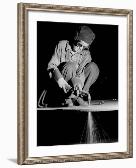 Female Welder at Work in a Steel Mill, Replacing Men Called to Duty During World War II-Margaret Bourke-White-Framed Premium Photographic Print