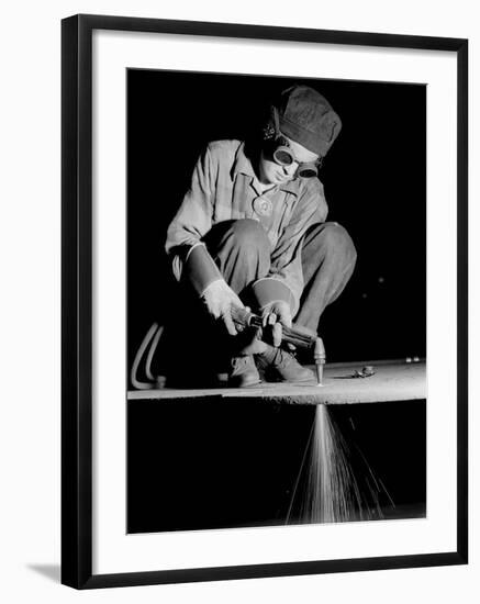 Female Welder at Work in a Steel Mill, Replacing Men Called to Duty During World War II-Margaret Bourke-White-Framed Premium Photographic Print