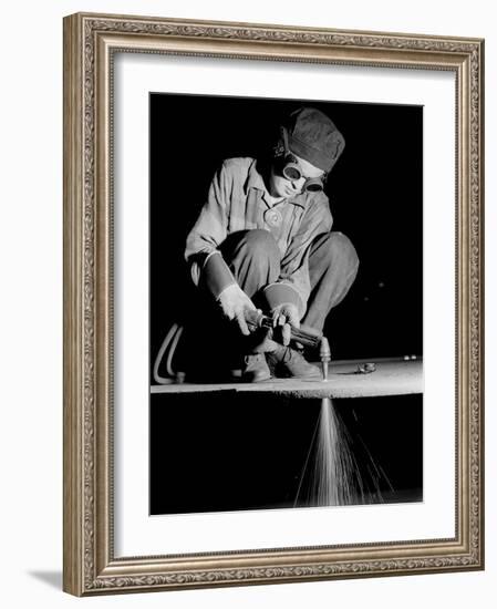 Female Welder at Work in a Steel Mill, Replacing Men Called to Duty During World War II-Margaret Bourke-White-Framed Photographic Print