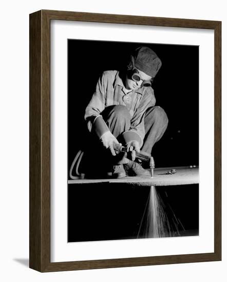 Female Welder at Work in a Steel Mill, Replacing Men Called to Duty During World War II-Margaret Bourke-White-Framed Photographic Print