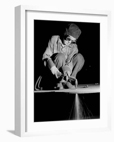 Female Welder at Work in a Steel Mill, Replacing Men Called to Duty During World War II-Margaret Bourke-White-Framed Photographic Print