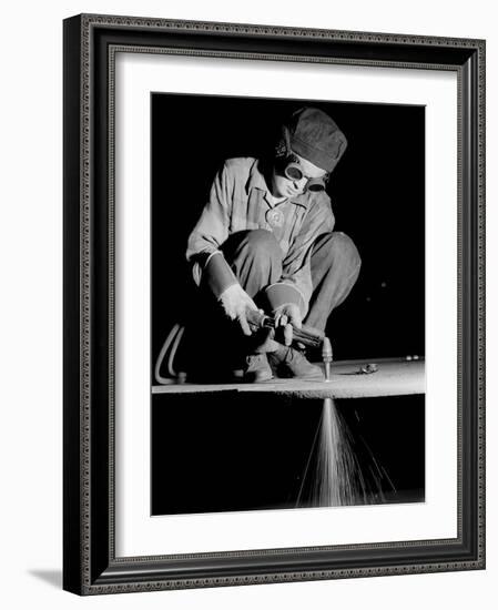 Female Welder at Work in a Steel Mill, Replacing Men Called to Duty During World War II-Margaret Bourke-White-Framed Photographic Print