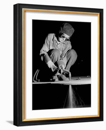 Female Welder at Work in a Steel Mill, Replacing Men Called to Duty During World War II-Margaret Bourke-White-Framed Photographic Print