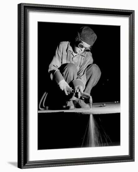 Female Welder at Work in a Steel Mill, Replacing Men Called to Duty During World War II-Margaret Bourke-White-Framed Photographic Print