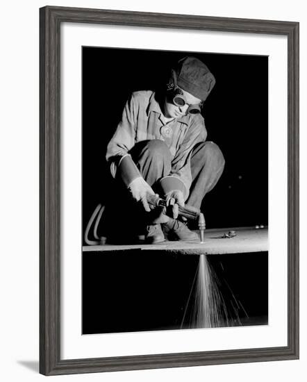 Female Welder at Work in a Steel Mill, Replacing Men Called to Duty During World War II-Margaret Bourke-White-Framed Photographic Print