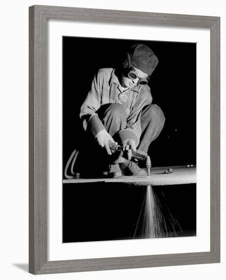 Female Welder at Work in a Steel Mill, Replacing Men Called to Duty During World War II-Margaret Bourke-White-Framed Photographic Print