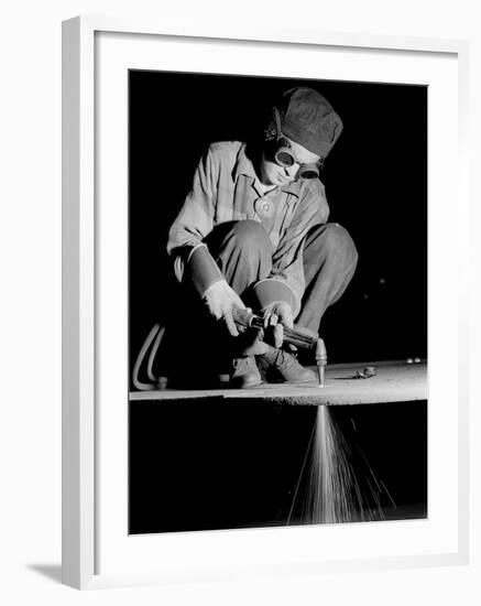 Female Welder at Work in a Steel Mill, Replacing Men Called to Duty During World War II-Margaret Bourke-White-Framed Photographic Print