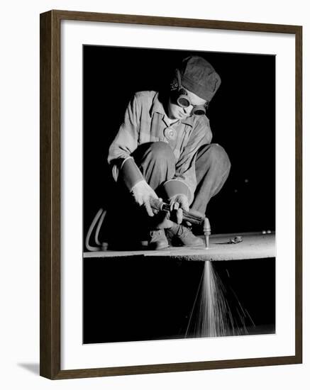 Female Welder at Work in a Steel Mill, Replacing Men Called to Duty During World War II-Margaret Bourke-White-Framed Photographic Print