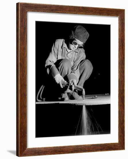 Female Welder at Work in a Steel Mill, Replacing Men Called to Duty During World War II-Margaret Bourke-White-Framed Photographic Print