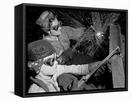 Female Welders at Work in a Steel Mill, Replacing Men Called to Duty During World War II-Margaret Bourke-White-Framed Premier Image Canvas