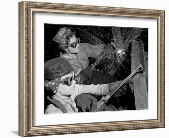 Female Welders at Work in a Steel Mill, Replacing Men Called to Duty During World War II-Margaret Bourke-White-Framed Premium Photographic Print