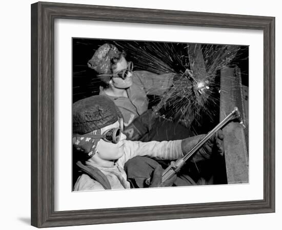 Female Welders at Work in a Steel Mill, Replacing Men Called to Duty During World War II-Margaret Bourke-White-Framed Premium Photographic Print