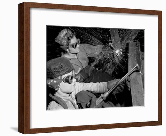 Female Welders at Work in a Steel Mill, Replacing Men Called to Duty During World War II-Margaret Bourke-White-Framed Premium Photographic Print