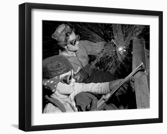 Female Welders at Work in a Steel Mill, Replacing Men Called to Duty During World War II-Margaret Bourke-White-Framed Premium Photographic Print