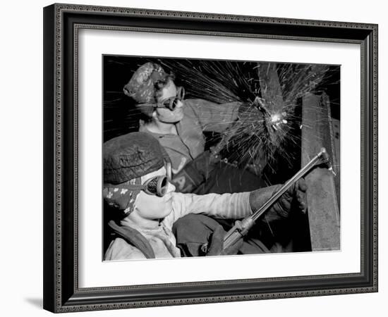 Female Welders at Work in a Steel Mill, Replacing Men Called to Duty During World War II-Margaret Bourke-White-Framed Premium Photographic Print