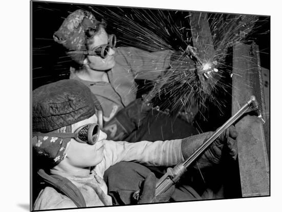 Female Welders at Work in a Steel Mill, Replacing Men Called to Duty During World War II-Margaret Bourke-White-Mounted Premium Photographic Print