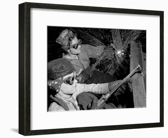 Female Welders at Work in a Steel Mill, Replacing Men Called to Duty During World War II-Margaret Bourke-White-Framed Photographic Print