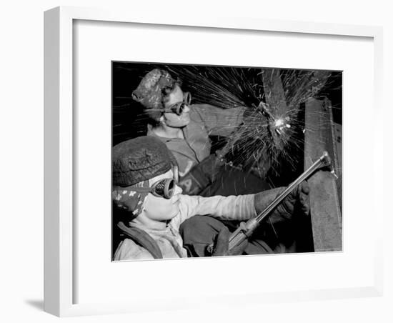 Female Welders at Work in a Steel Mill, Replacing Men Called to Duty During World War II-Margaret Bourke-White-Framed Photographic Print