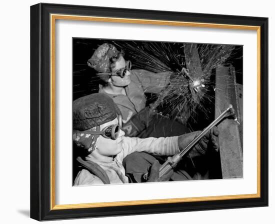 Female Welders at Work in a Steel Mill, Replacing Men Called to Duty During World War II-Margaret Bourke-White-Framed Photographic Print