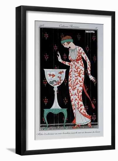 Feminine Fashion: Silk Brochee Interior Dress Open on a Linon Top. the Young Woman is Leaning over-Georges Barbier-Framed Giclee Print