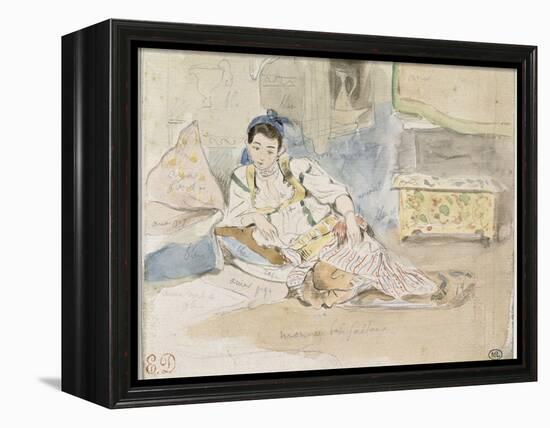 Femme arabe assise sur des coussins ; Etude pour les "Femmes d'Alger"-Eugene Delacroix-Framed Premier Image Canvas