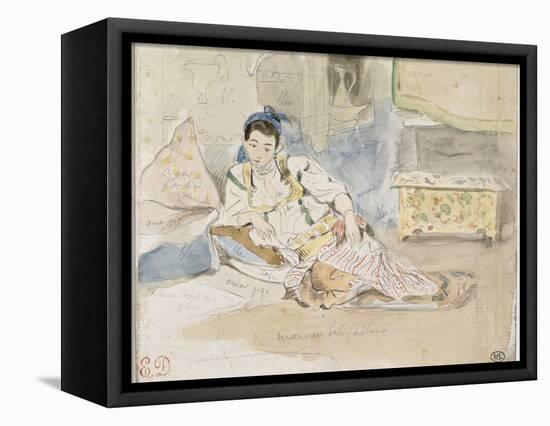Femme arabe assise sur des coussins ; Etude pour les "Femmes d'Alger"-Eugene Delacroix-Framed Premier Image Canvas