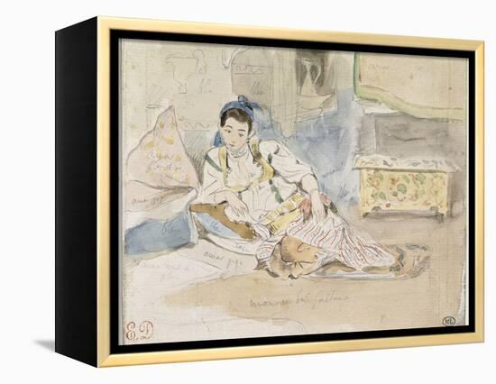 Femme arabe assise sur des coussins ; Etude pour les "Femmes d'Alger"-Eugene Delacroix-Framed Premier Image Canvas