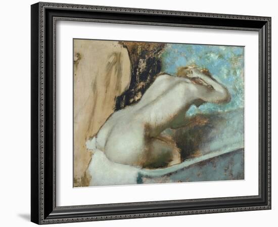 Femme assise sur le rebord d' une baignoire et s'épongeant le cou-Edgar Degas-Framed Giclee Print