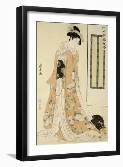 Femme en kimono rose et petit chien-Torii Kiyonaga-Framed Giclee Print
