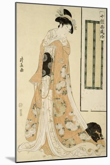 Femme en kimono rose et petit chien-Torii Kiyonaga-Mounted Giclee Print