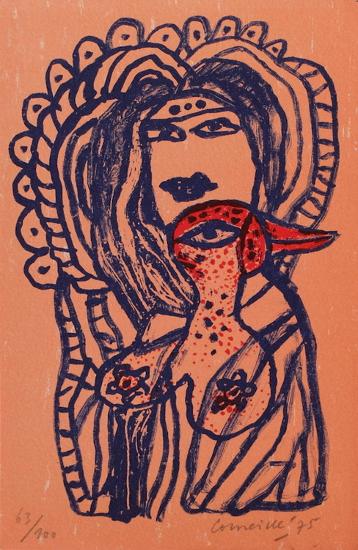 Femme Et Oiseau Au Bec Rouge Limited Edition By Guillaume Corneille Artcom