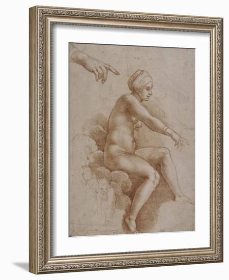 Femme nue assise sur des nuées portée par deux enfants ailés, reprise de la main droite et-Raffaello Sanzio-Framed Giclee Print