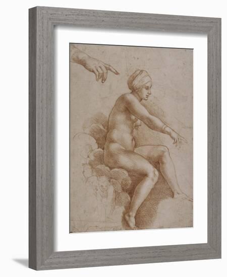 Femme nue assise sur des nuées portée par deux enfants ailés, reprise de la main droite et-Raffaello Sanzio-Framed Giclee Print