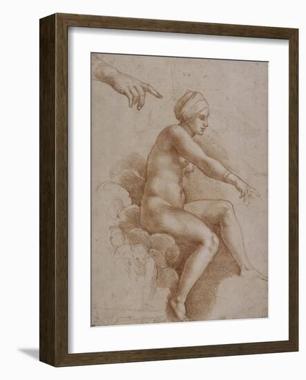Femme nue assise sur des nuées portée par deux enfants ailés, reprise de la main droite et-Raffaello Sanzio-Framed Giclee Print
