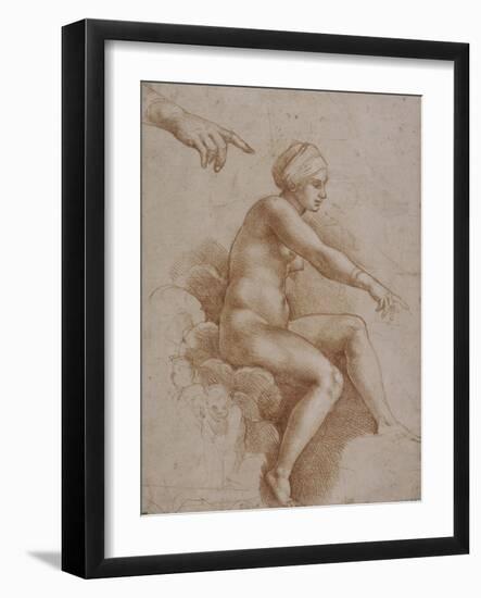 Femme nue assise sur des nuées portée par deux enfants ailés, reprise de la main droite et-Raffaello Sanzio-Framed Giclee Print