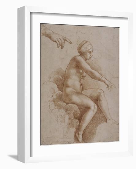 Femme nue assise sur des nuées portée par deux enfants ailés, reprise de la main droite et-Raffaello Sanzio-Framed Giclee Print