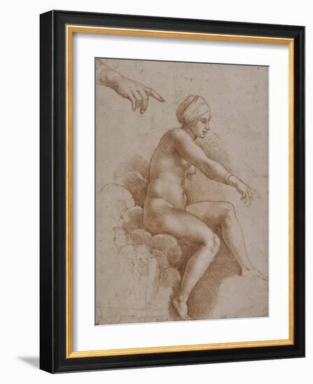 Femme nue assise sur des nuées portée par deux enfants ailés, reprise de la main droite et-Raffaello Sanzio-Framed Giclee Print