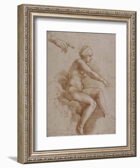 Femme nue assise sur des nuées portée par deux enfants ailés, reprise de la main droite et-Raffaello Sanzio-Framed Giclee Print