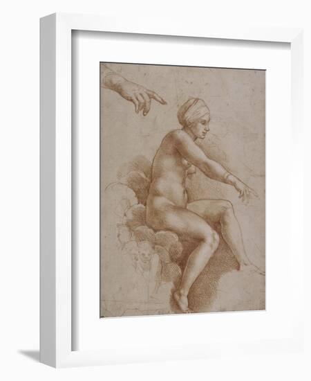 Femme nue assise sur des nuées portée par deux enfants ailés, reprise de la main droite et-Raffaello Sanzio-Framed Giclee Print