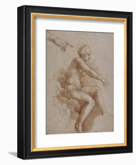 Femme nue assise sur des nuées portée par deux enfants ailés, reprise de la main droite et-Raffaello Sanzio-Framed Giclee Print