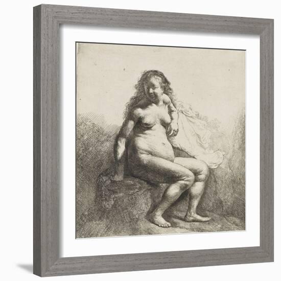 Femme nue assise sur une butte-Rembrandt van Rijn-Framed Giclee Print