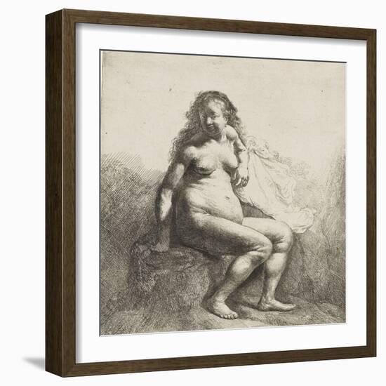 Femme nue assise sur une butte-Rembrandt van Rijn-Framed Giclee Print